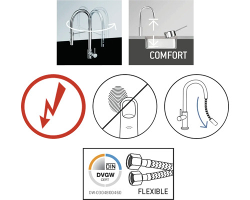 Caractéristiques du produit d''un robinet de cuisine : zone de pivotement, confort, symbole d''éclair, revêtement anti-empreintes digitales, douchette extractible, flexibilité, DVGW Cert
