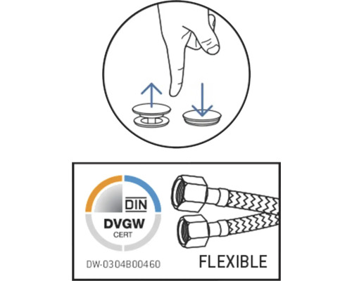 Bedienungshinweis und DVGWCERT-Siegel mit flexiblen Anschlussschläuchen