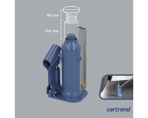 Cric hydraulique avec une hauteur de levage de 100 millimètres et une hauteur de broche de 48 millimètres.