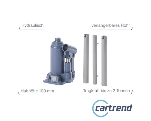 Cric hydraulique avec une hauteur de levage de 100 mm et une capacité de charge jusqu''à 2 tonnes, tube extensible inclus. Logo Cartrend.