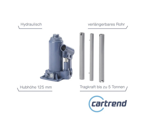 Hydraulischer Wagenheber mit einer Hubhöhe von 125 Millimetern, einem verlängerbarem Rohr und einer Tragkraft bis zu 5 Tonnen. Cartrend Logo.