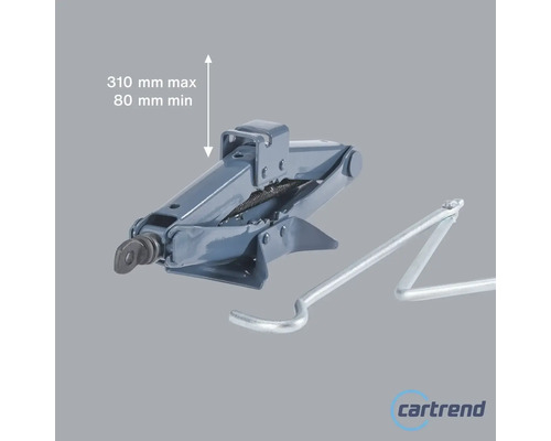 Scherenwagenheber mit einer maximalen Hubhöhe von 310 Millimeter und einer minimalen Hubhöhe von 80 Millimeter.