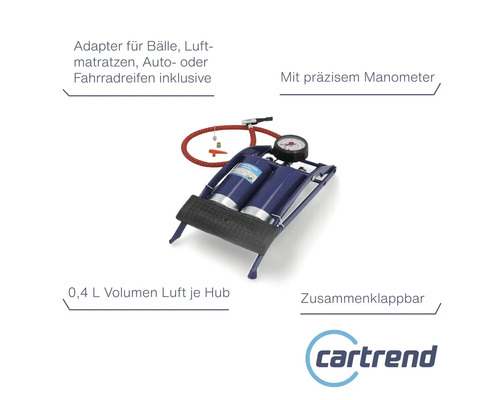Doppelzylinder Fußluftpumpe mit Manometer und Adaptern für Bälle, Luftmatratzen, Auto- oder Fahrradreifen
