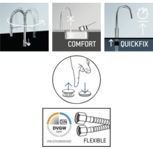 Komfortfunktionen und Zertifizierungen einer Küchenarmatur dargestellt.