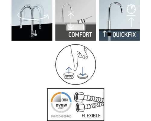 Komfortfunktionen und Zertifizierungen einer Küchenarmatur dargestellt.