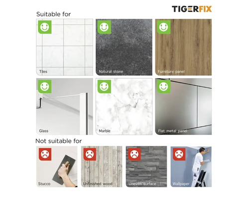 Surfaces appropriées et inappropriées représentées par des carreaux, de la pierre naturelle, des panneaux de meubles, du verre, du marbre, des panneaux métalliques plats, du stuc, du bois brut, des surfaces irrégulières et du papier peint