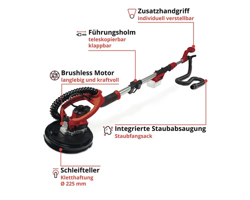 Langhalsschleifer mit bürstenlosem Motor, Teleskopführungsstange, Schleifteller mit 225 Millimeter Durchmesser, integrierter Staubabsaugung und verstellbarem Zusatzhandgriff