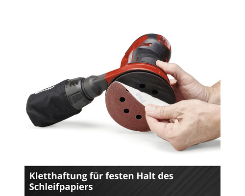 Einhand-Exzenterschleifer mit Schleifpapier wird gezeigt