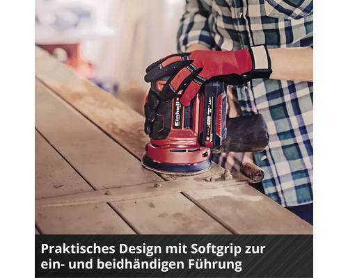 Einhand-Akku-Exzenterschleifer von Einhell im Einsatz auf einer Holzoberfläche