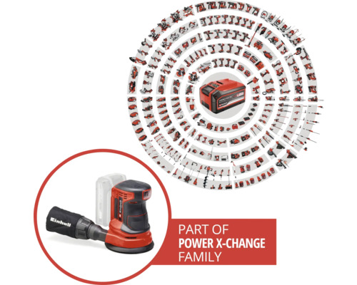 Einhell Exzenterschleifer und Power X-Change Akku mit anderen Werkzeugen der Power X-Change Familie