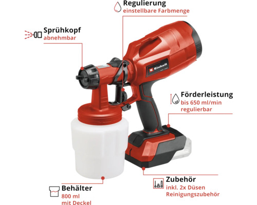 Einhell Logo Farbsprühsystem mit abnehmbarem Sprühkopf, regulierbarer Farbmenge, 800 ml Behälter, 650 ml Fördermenge pro Minute und Reinigungszubehör