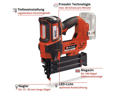 Einhell Fixetto Akku Nagler mit Tiefeneinstellung, Magazin für 100 Nägel und LED Licht