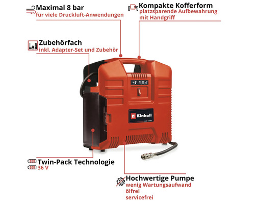 Einhell Akku-Kompressor mit Zubehörfach und Tragegriff