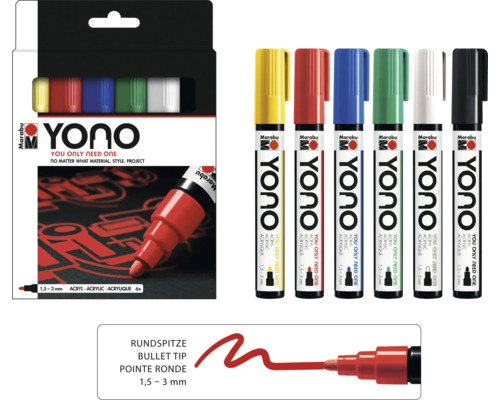 Marabu Yono Set de marqueurs acryliques avec six stylos de différentes couleurs