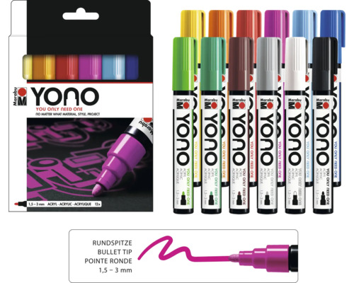 Set de marqueurs Marabu Yono avec douze stylos à peinture acrylique et pointe ronde