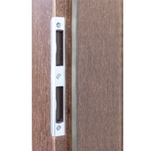 Detailansicht eines Fenstergriffs an einem braunen Holzfenster