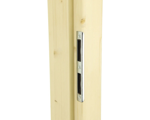 Vue détaillée d''une serrure de porte en bois avec entourage métallique.