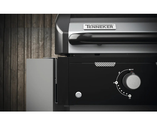 Vue détaillée du gril à gaz Tenneker avec panneau de commande et régulateur de température