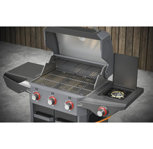 Gasgrill mit offener Haube, Seitenbrenner und Ablagefläche