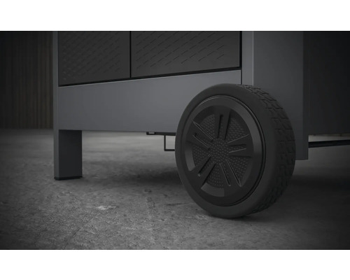 Vue détaillée d''un meuble bas avec roue noire pour une utilisation mobile