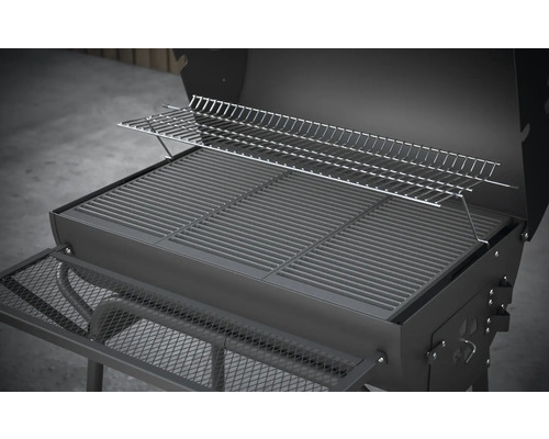 Barbecue à charbon de bois ouvert avec grille de maintien au chaud et étagère