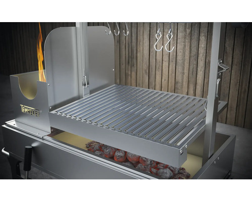 Gril Temmker avec grille, charbon de bois et feu