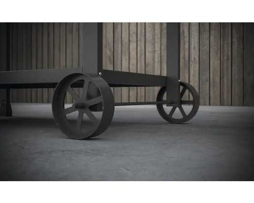 Gros plan du châssis d''un chariot de barbecue avec roues