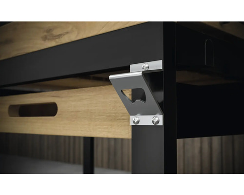 Vue détaillée d''une table avec un ouvre-bouteille intégré sur le pied.