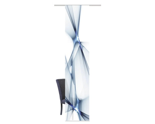 Store enrouleur décoratif avec motif abstrait et chaise placée sur le côté