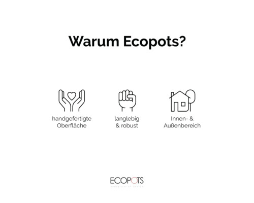 Ecopots Vorteile: Handgefertigte Oberfläche, langlebig und robust, für Innen- und Aussenbereich