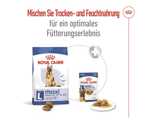 Royal Canin Maxi Adult 5+ Trockenfutter und Royal Canin Maxi Adult in Soße Portionsbeutel für Hunde