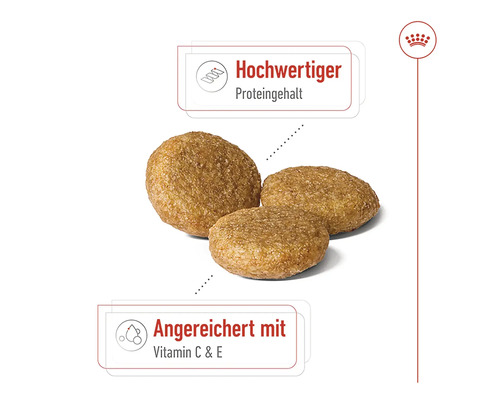 Drei Kroketten für Tiernahrung mit Hinweisen zu hohem Proteingehalt und Vitaminanreicherung