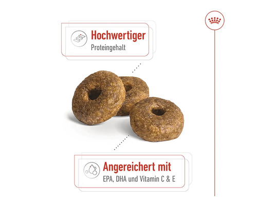 Hundefutter mit hohem Proteingehalt, angereichert mit EPA, DHA sowie Vitamin C und E.