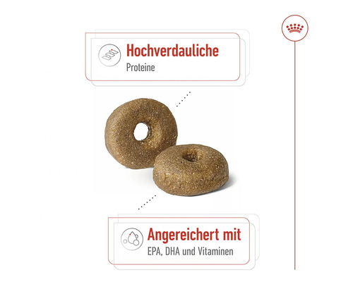 Abbildung von zwei ringförmigen Kroketten, die hochverdauliche Proteine und eine Anreicherung mit EPA, DHA und Vitaminen darstellen.