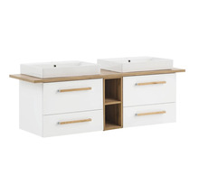 Doppelwaschtisch mit Unterschrank, weißen Schubladen und Regalfächern