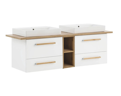 Doppelwaschtisch mit Unterschrank, weißen Schubladen und Regalfächern
