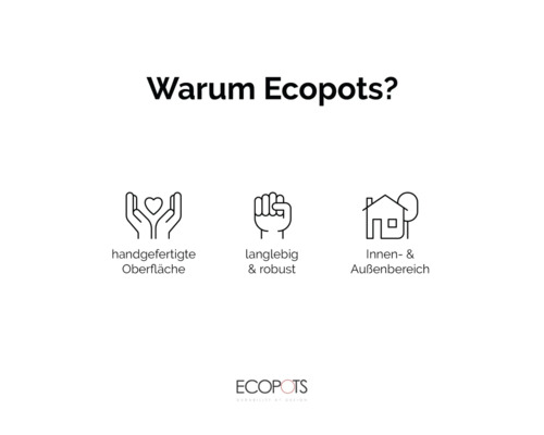 Ecopots Vorteile: handgefertigte Oberfläche, langlebig und robust, für den Innen- und Außenbereich geeignet