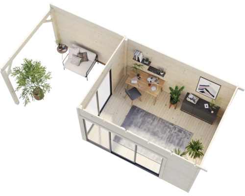Ansicht eines Holzgartenhauses mit Terrasse, Büromöbeln und Dekoration