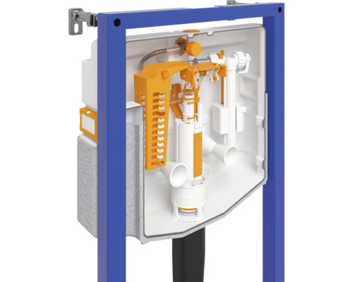 Bâti-support pour WC avec réservoir de chasse et élément de montage.