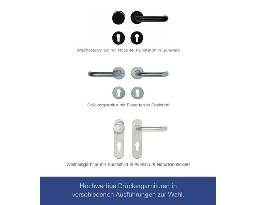 Türdrückergarnituren in verschiedenen Ausführungen: Kunststoff Rosettengarnitur, Edelstahl Rosettengarnitur und Aluminium Kurzschildgarnitur