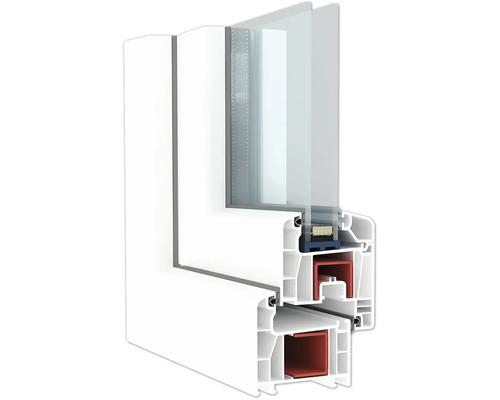 Schnittansicht eines weißen Kunststofffensterprofils mit Mehrfachverglasung für energieeffiziente Fenster