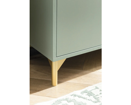 Gros plan d''une armoire avec des pieds dorés sur un plancher en bois