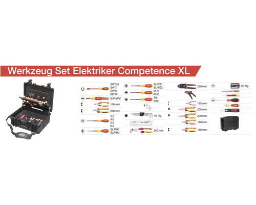 Elektriker Werkzeug Set Kompetenz XL in einem schwarzen Werkzeugkoffer