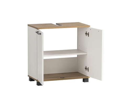 Meuble sous-lavabo avec portes ouvertes et étagère intérieure