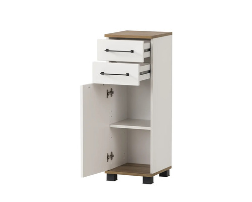Meuble de salle de bains avec deux tiroirs, une porte et une étagère