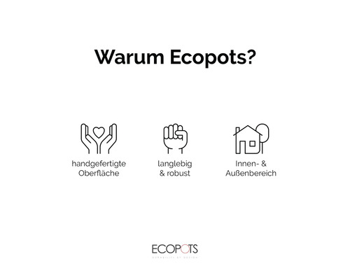 Ecopots Vorteile: handgefertigte Oberfläche, langlebig und robust, für Innen- und Außenbereich geeignet