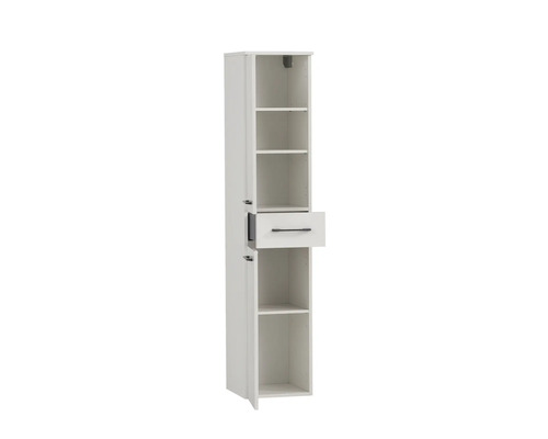 Schmaler Badschrank mit offener Tür, Schublade und Regalen