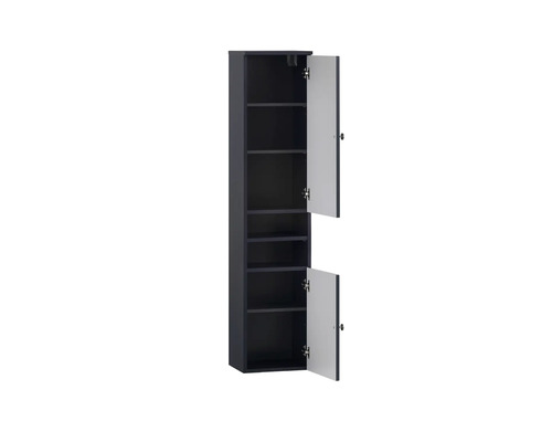 Armoire haute avec portes ouvertes et étagères