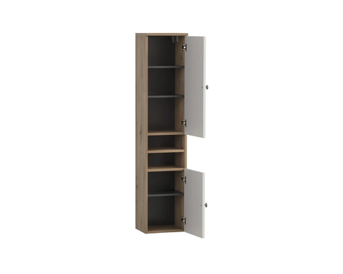 Armoire de salle de bains avec deux portes et plusieurs étagères