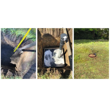 Image en trois parties : tuyau de drainage dans un fossé, regard de contrôle dans le jardin, jeune arbre dans le jardin.